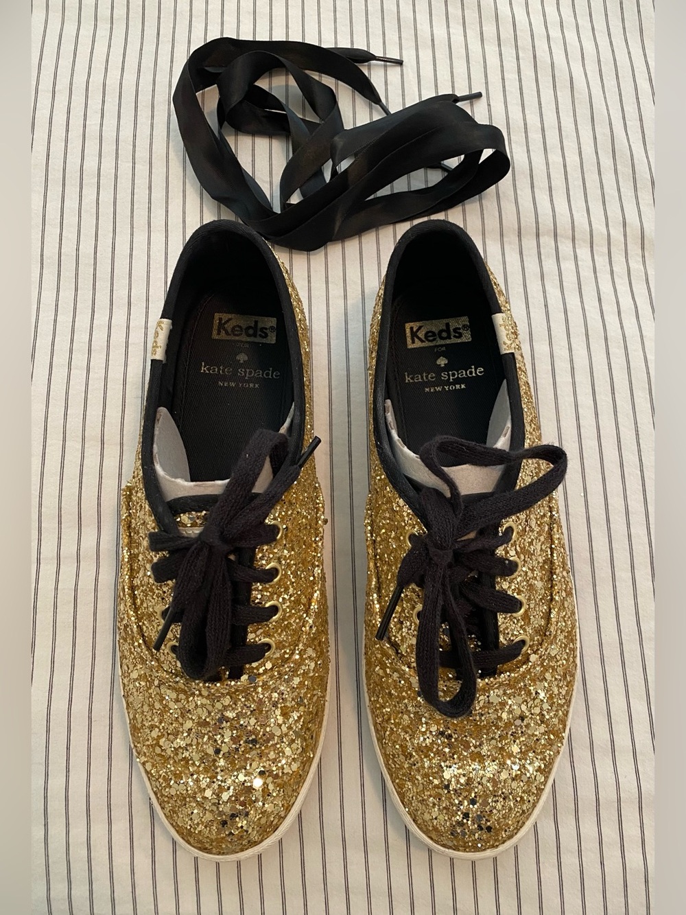 kate spade Keds Gold Glitter Slip-On Sneakers with Black Trim